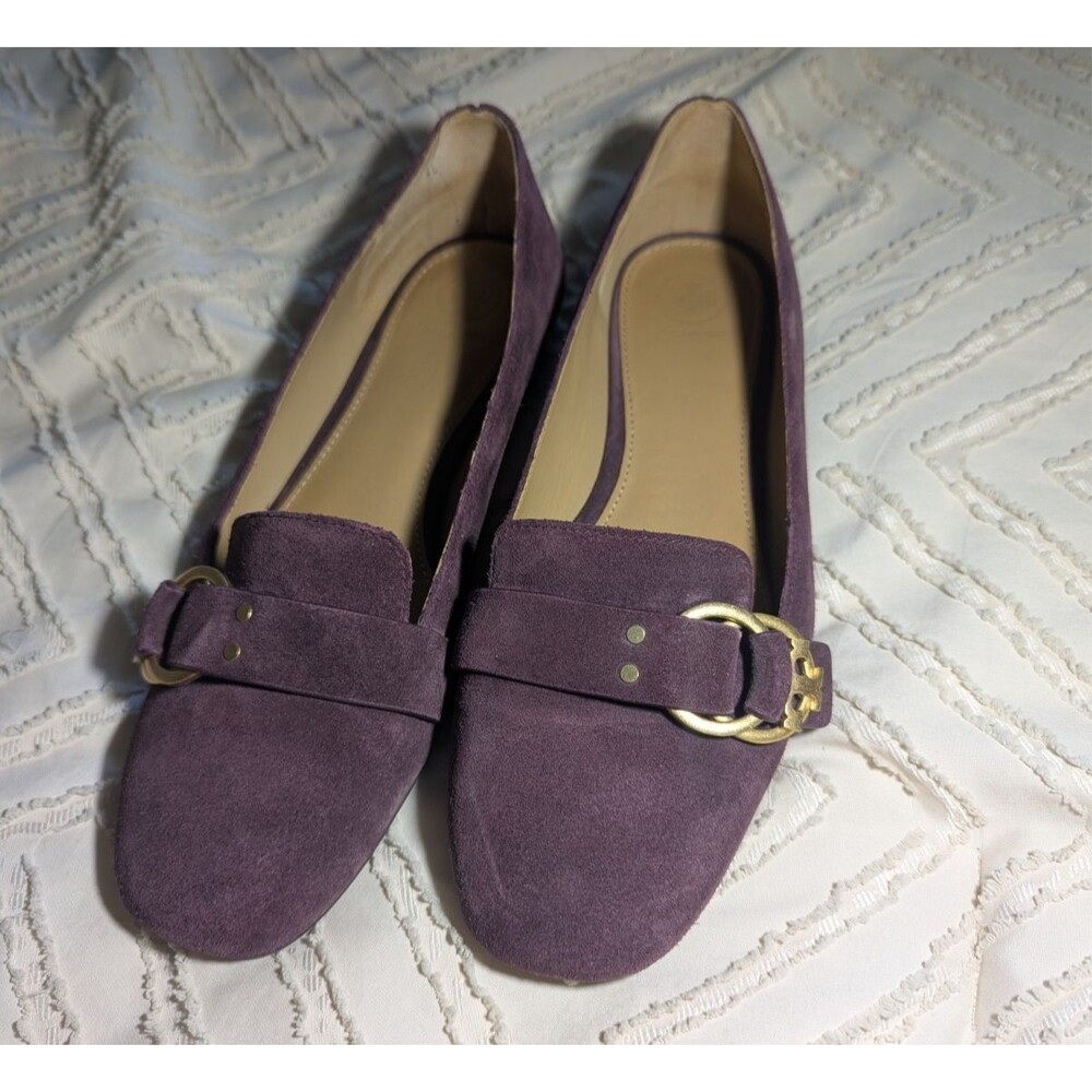 Tory Burch Plum Purple Suede Loafers Gold Buckle Flats Size 10